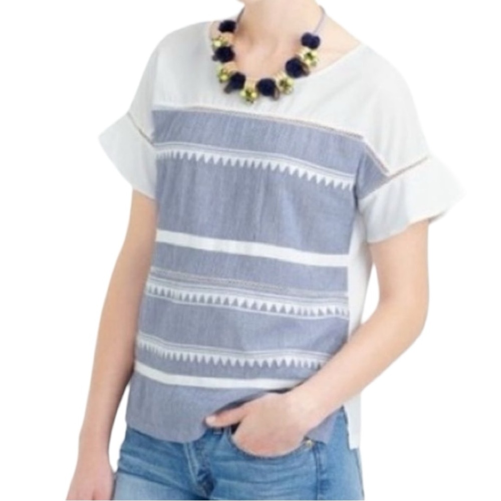 J Crew White and Blue Flutter Sleeve Mosaic
Short Sleeve Blouse Shirt Sz S